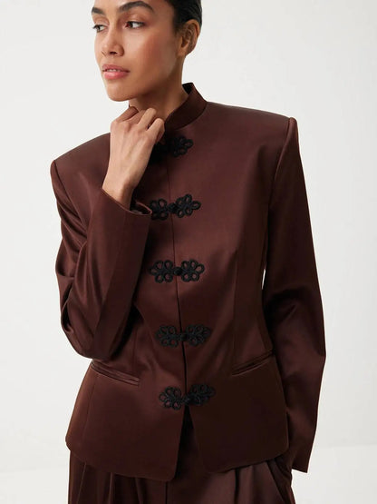Women's Spring Summer Mandarin Collar Frog Button Cropped Chinese Style Blazer Casual 2026 Trendy Feminine Fashion Coat