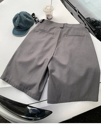 Spring Summer Loose Casual Soft Grey Pleated Shorts for Men with High Waist Short Straight Pants Korean Clothes 2024