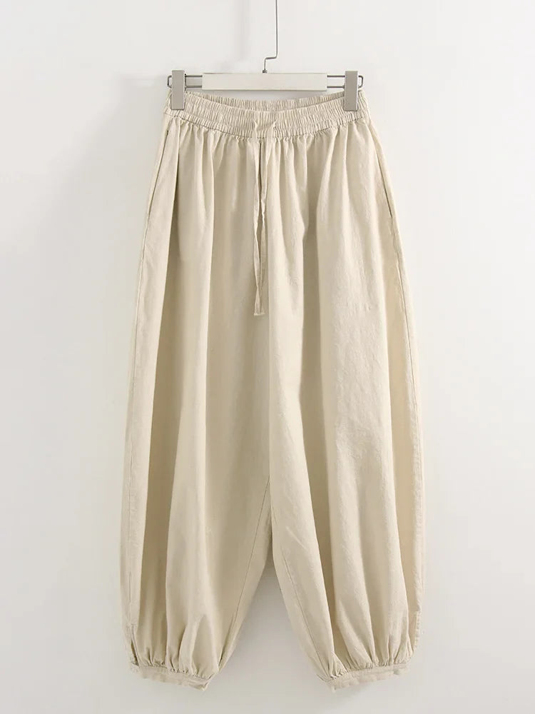 Summer Cotton Oversized Pants For Women Blue Baggy Aladdin Trousers Elastic Bloomers Navy Blue Cropped Lantern Harem Pants Woman