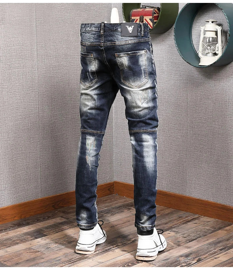 Fashion Streetwear Men Jeans Retro Black Blue Elastic Slim Fit Ripped Jeans Men Spliced Designer Embroidery Hip Hop Denim Pants