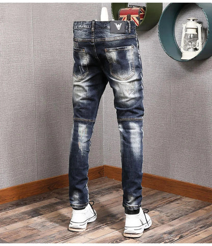 Fashion Streetwear Men Jeans Retro Black Blue Elastic Slim Fit Ripped Jeans Men Spliced Designer Embroidery Hip Hop Denim Pants