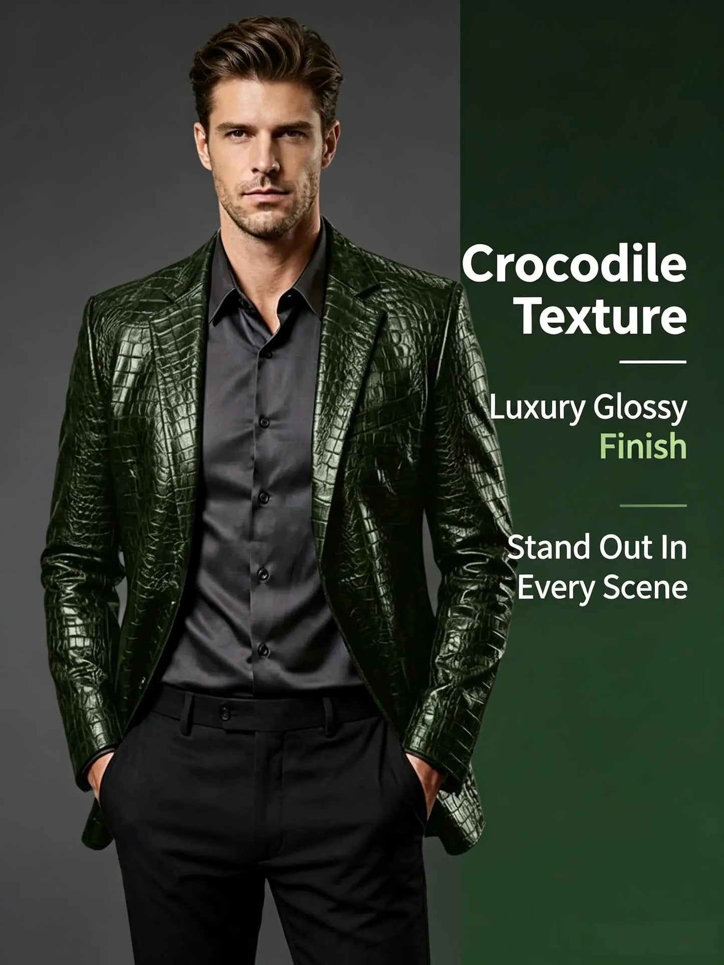 Men Crocodile Texture Leather Blazer Notched Lapel Slim Fit Single Breasted Suit Jacket Nightclub Party Business Outer Coat