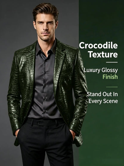 Men Crocodile Texture Leather Blazer Notched Lapel Slim Fit Single Breasted Suit Jacket Nightclub Party Business Outer Coat