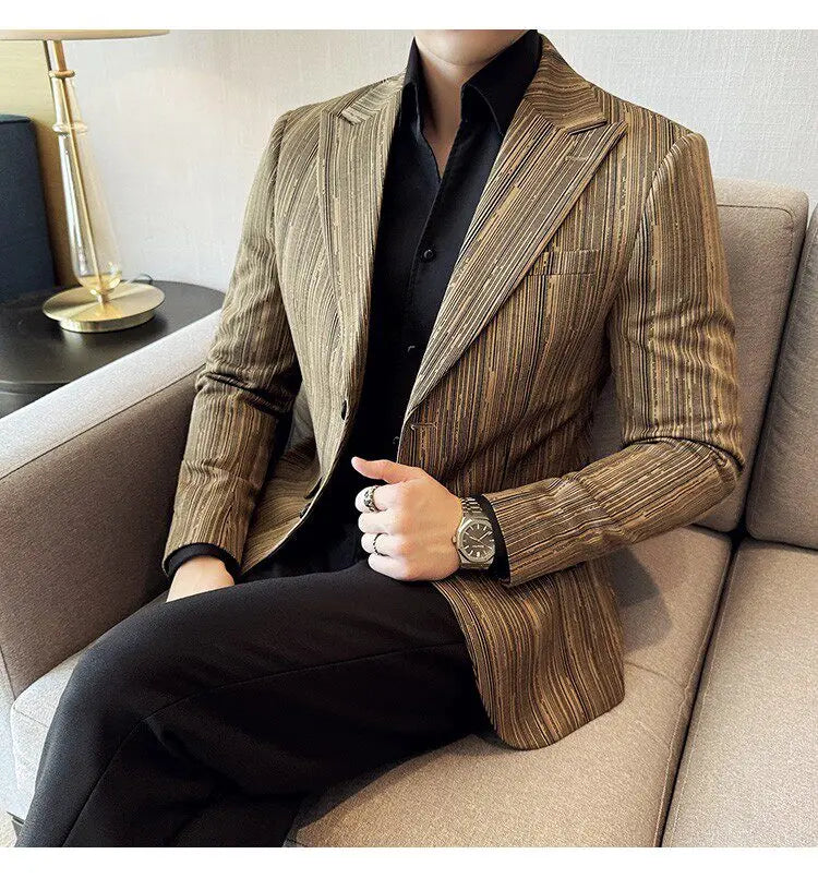 Fashion Meteor Line Checkered Elegant Suit Jacket Men Fashion De Luxe Business Slim Fit Single Breasted Social Party Dress Coats