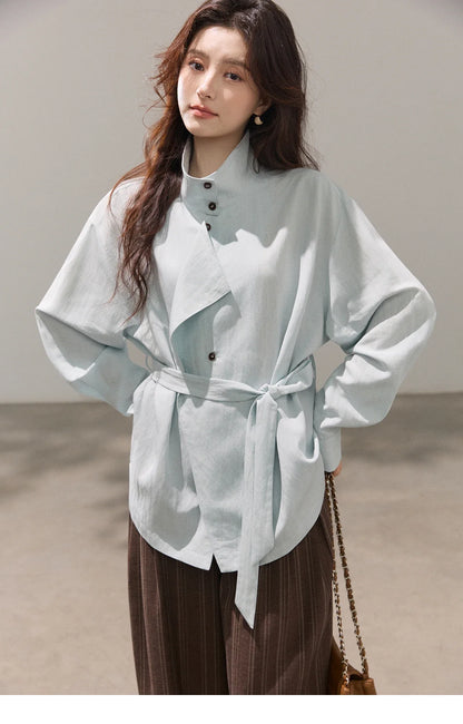 Women's Stand Collar Long Sleeve Shirts Spring Belted Waist Asymmetric Button Tops Casual Loose Solid Shirt MXF13C2459