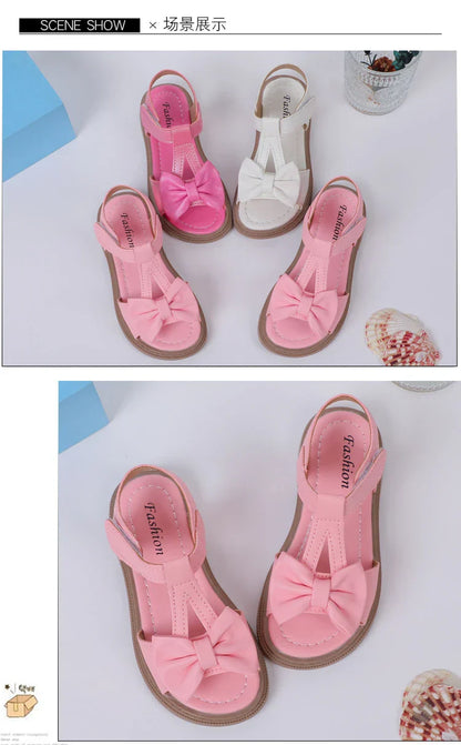 Kids Fashion Girls Sandals New Bow Versatile Open-toe Breathable Simple Platform Casual Shoes Hook Loop Princess Shoes