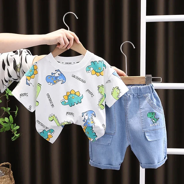 Summer Toddler Clothes Suit Full Print Dinosaur Pattern Short Sleeved Tshirt&shorts Set For Outdwear Tracksuit Boys Clothes Suit