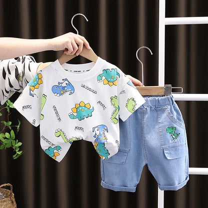 Summer Toddler Clothes Suit Full Print Dinosaur Pattern Short Sleeved Tshirt&shorts Set For Outdwear Tracksuit Boys Clothes Suit