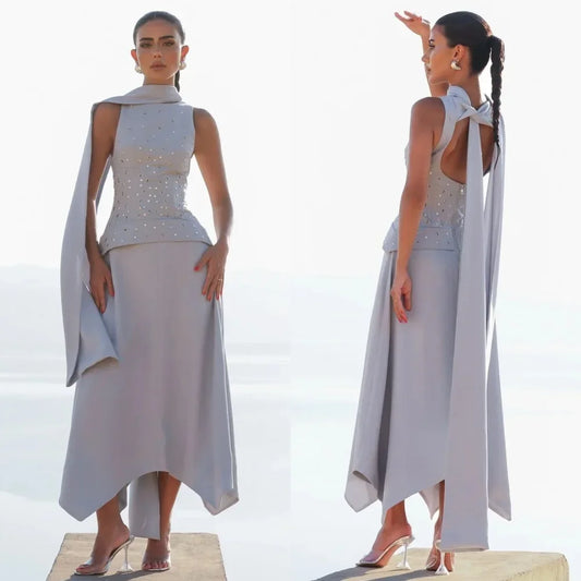 Customized Elegant Jersey Pleat A-line O-Neck Midi Dresses Prom Dresses Classic Exquisite Modern Style Pastrol Unisex Chinese St