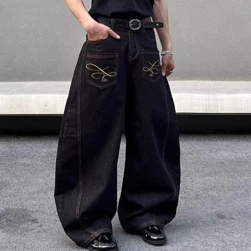 2025 Summer New Men's Y2k Pocket Decoration Jeans Harajuku Retro Fashion Trend Street Hip-Hop Casual Loose Niche Men's Bottoms