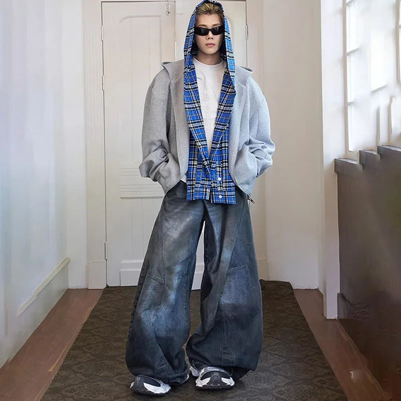 2 Piece Korean Retro Men'S Jeans Spring And Autumn Styles Loose Wide Leg Pants Casual Straight Leg Pants Floor Length Pants