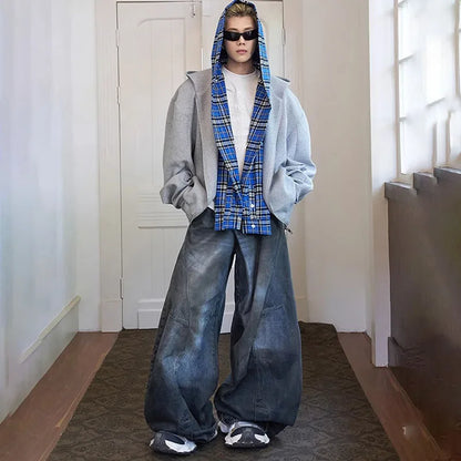 2 Piece Korean Retro Men'S Jeans Spring And Autumn Styles Loose Wide Leg Pants Casual Straight Leg Pants Floor Length Pants