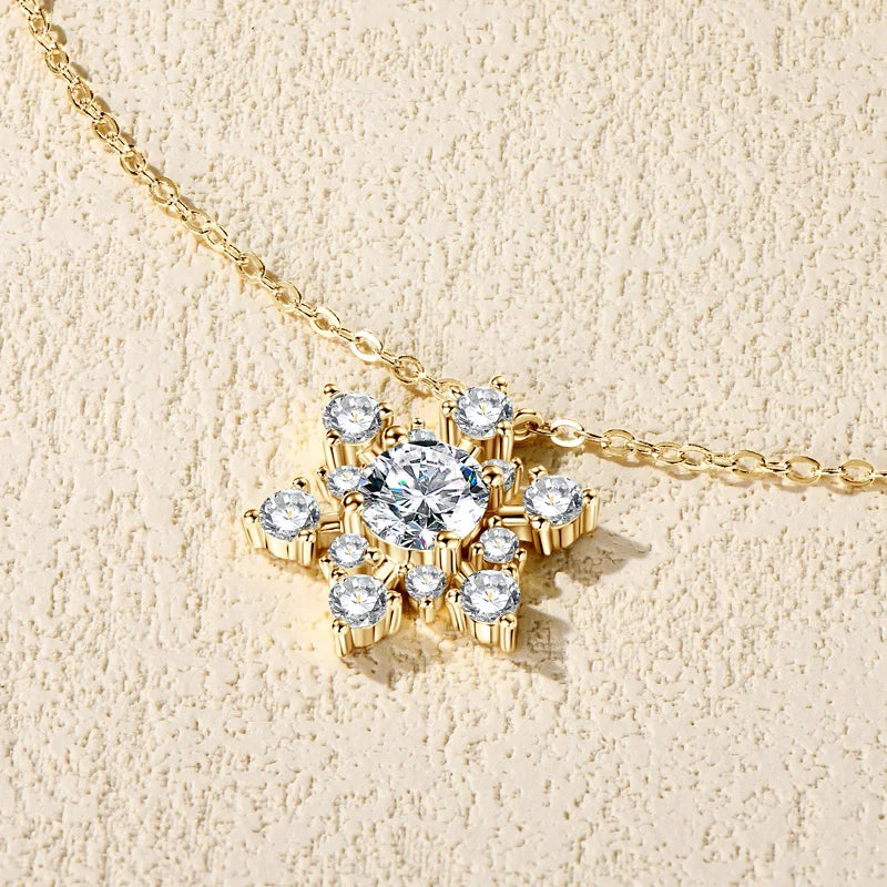 Round Cut Moissanite Snowflake Pendant Necklaces for Women Solid 925 Sterling Silver Chains Wedding Jewelry Gift Collar