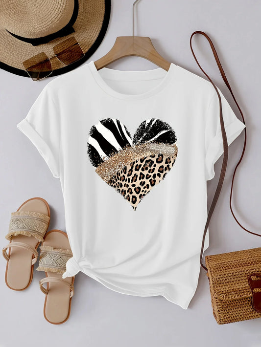 Women's Casual Short Sleeve with Leopard Print Zebra Stripe Heart Design Glitter Accent Casual Top Harajuku Short Sleeve Casual