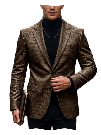 Men's Crocodile Embossed Leather Blazer British Vintage Notched Lapel Slim Fit Business Suit Jacket Two Button Flap Pockets Coat