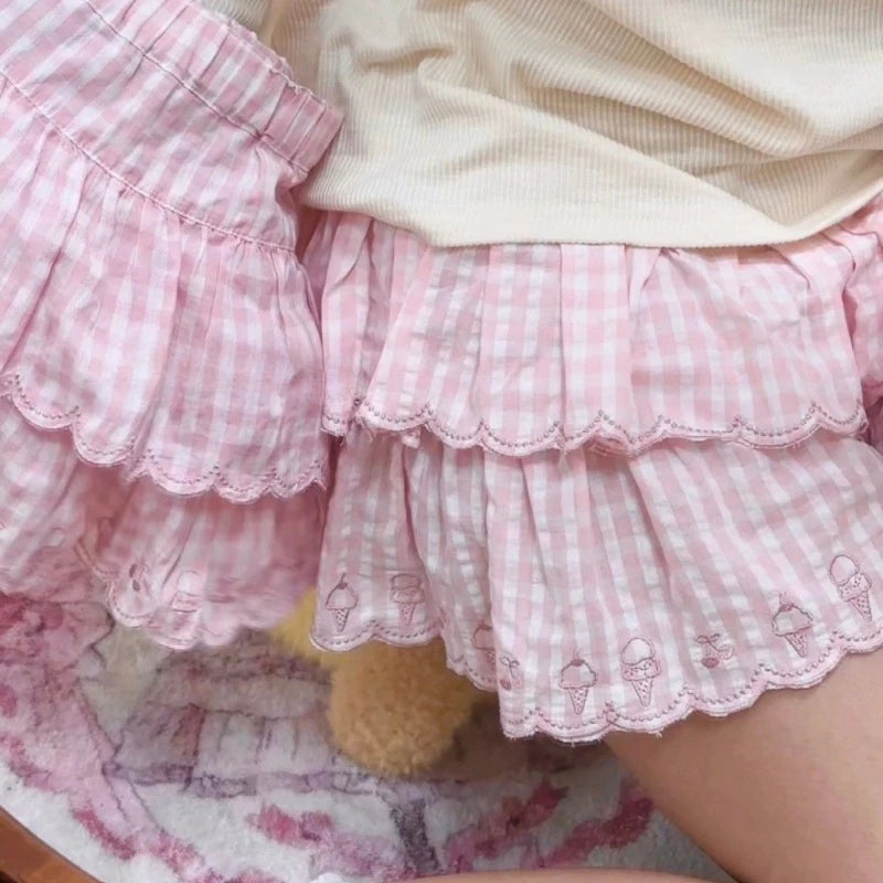 Japanese Style Kawaii Mini Skirt Women Sweet Harajuku Lolita Plaid Skirts Pink Y2k Cutecore Summer A-line Ruffle Skirts