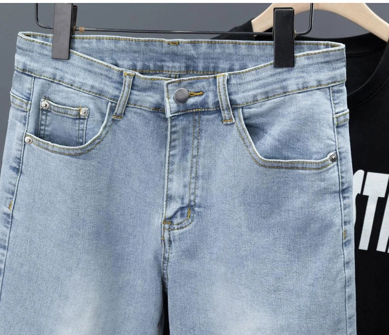 New Men's Little Feet Skinny Jeans Light Blue Spring Summer Thin Elastic Denim Pants Classic Korean Washed Cowboy Trousers