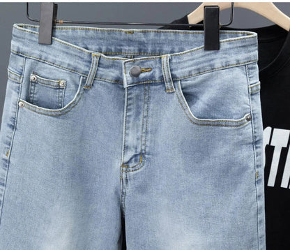 New Men's Little Feet Skinny Jeans Light Blue Spring Summer Thin Elastic Denim Pants Classic Korean Washed Cowboy Trousers