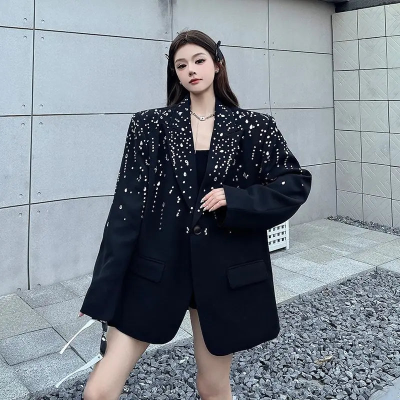 High-Quality Hot Diamond Black Blazer Women's Neutral Spring And Autumn New Design V ersatile Long-Sleeved Shoulder Padded Suit