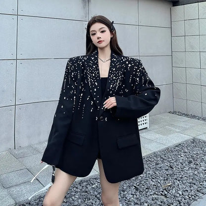 High-Quality Hot Diamond Black Blazer Women's Neutral Spring And Autumn New Design V ersatile Long-Sleeved Shoulder Padded Suit