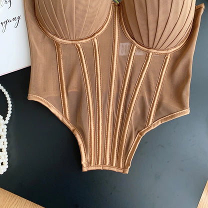 Fashion Solid Corset Lingerie Top Ladies Strap Sheer Mesh Slim Camisole American Retro Backless Beach Sexy Tank Top