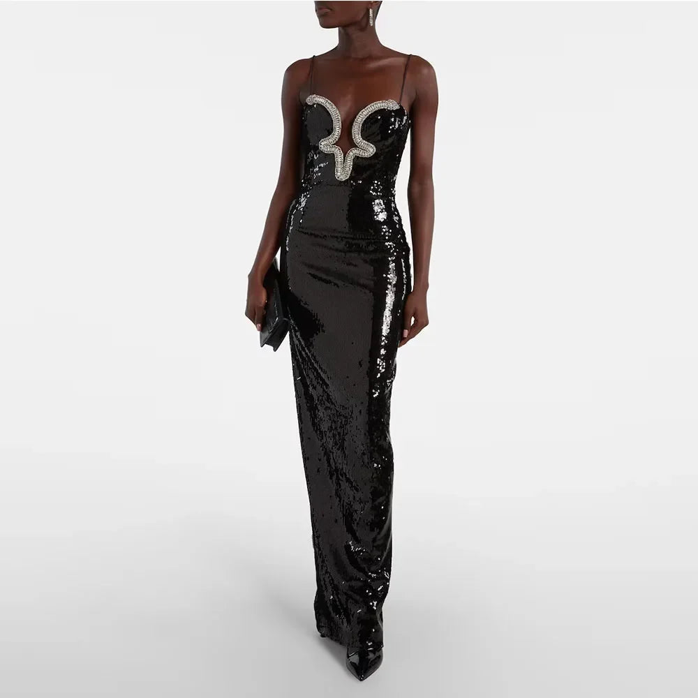 Black Sequin Women's Evening Gown Mermaid Floor Length Formal Party Dress Spaghetti Straps Saudi Dress  Beading  Prom Dress