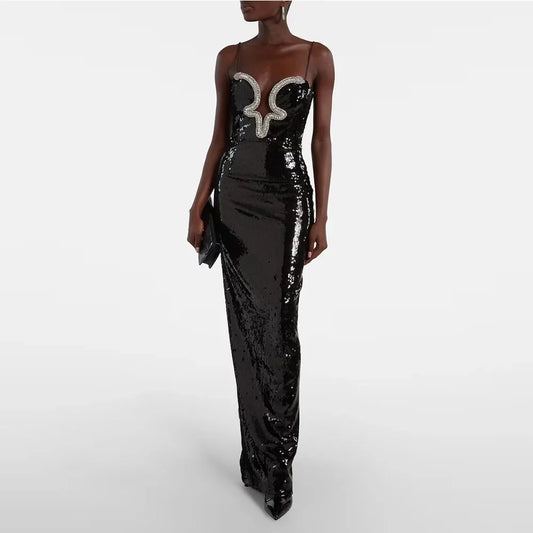 Black Sequin Women's Evening Gown Mermaid Floor Length Formal Party Dress Spaghetti Straps Saudi Dress  Beading  Prom Dress