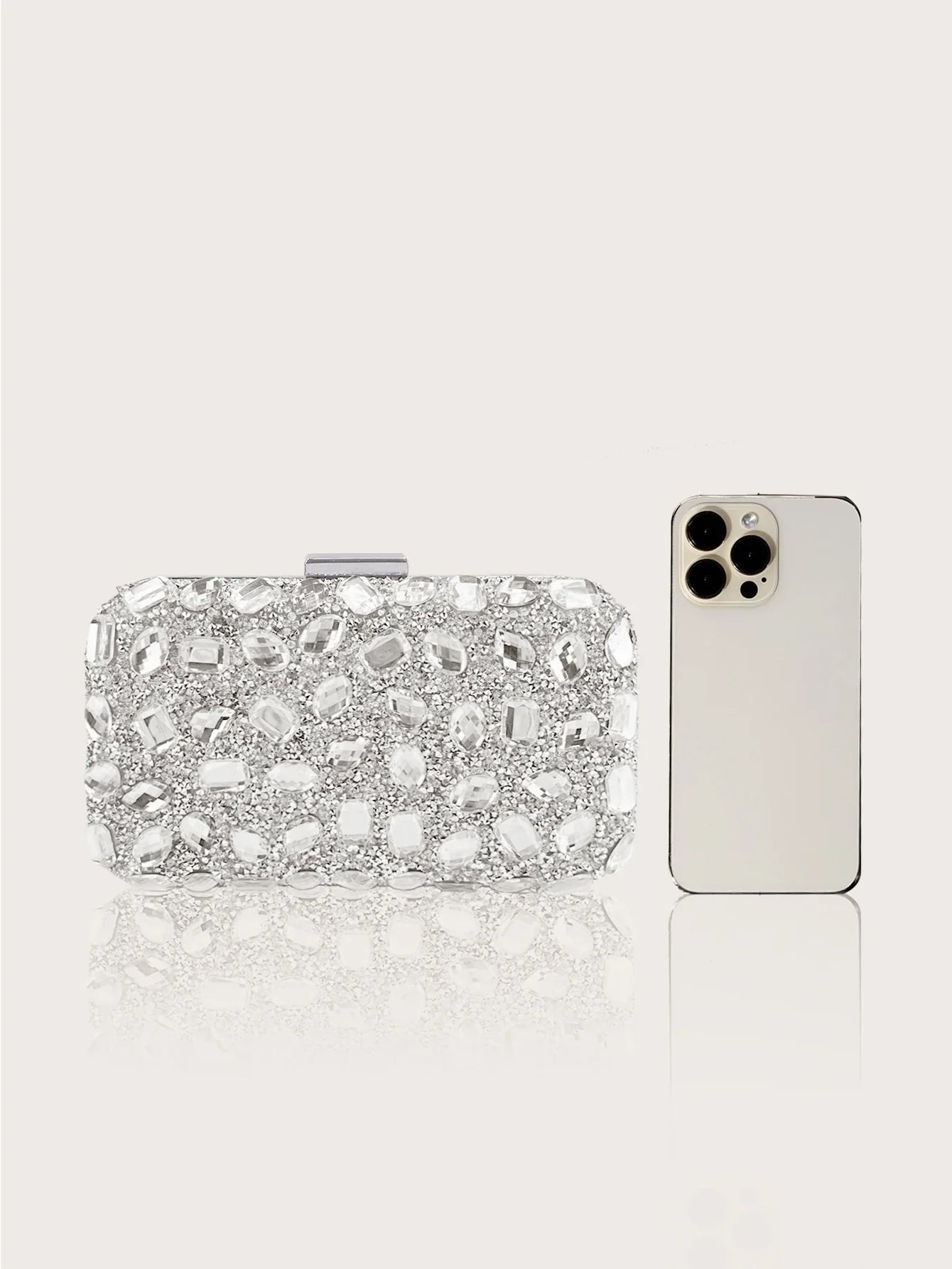 Fashionable and Luxurious, Simple Rhinestone Party Clutch and Box Bag, Exquisite and Elegant Women's Evening Bag, Paired with a Gorgeous Rhinestone Pendant Necklace, Bracelet, and Earrings Four-Piece Set, Perfect Wallet for P