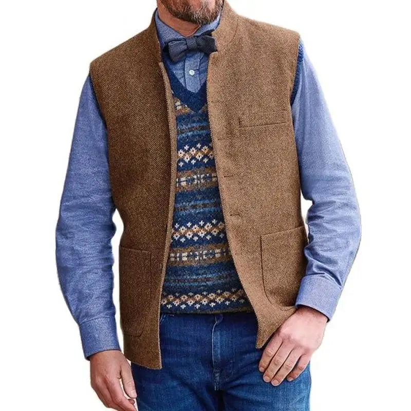 Men Vest Brown Herringbone Single Button Stand Collar Waistcoat For Wedding Business Banquet Work Daily Casual Men Suit Vest