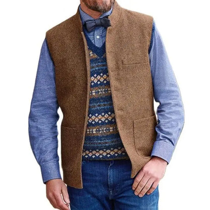 Men Vest Brown Herringbone Single Button Stand Collar Waistcoat For Wedding Business Banquet Work Daily Casual Men Suit Vest