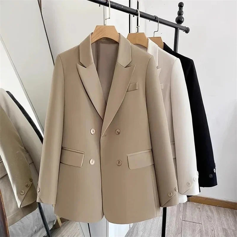 Women Blazers 2025 New Spring Autumn Loose Casual Suit Jackets Double Breasted Suit Collar Fashion Chic Cuff Design Female Tops