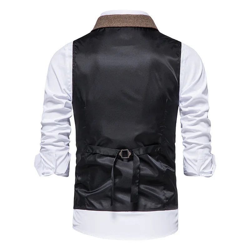 Tailored Collar Vest for Men Single Breasted Herringbone Tweed Suit Vest Mens Formal Striped Waistcoat Punk Groomsmen Wedding