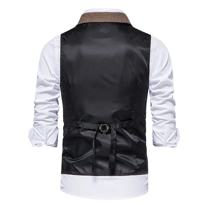 Tailored Collar Vest for Men Single Breasted Herringbone Tweed Suit Vest Mens Formal Striped Waistcoat Punk Groomsmen Wedding