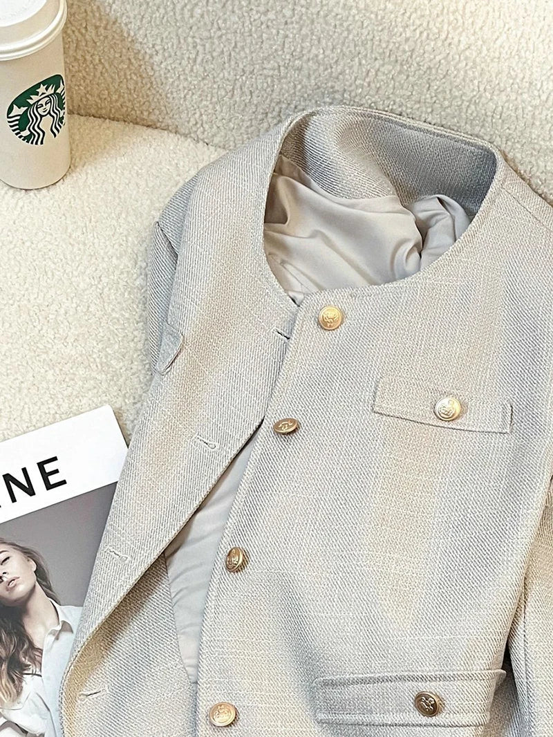 Elegant Office Lady Blazers Women Long Sleeve Button Spring Autumn Suit Coats Vintage Loose Casual Small Fragrance Crop Jacket