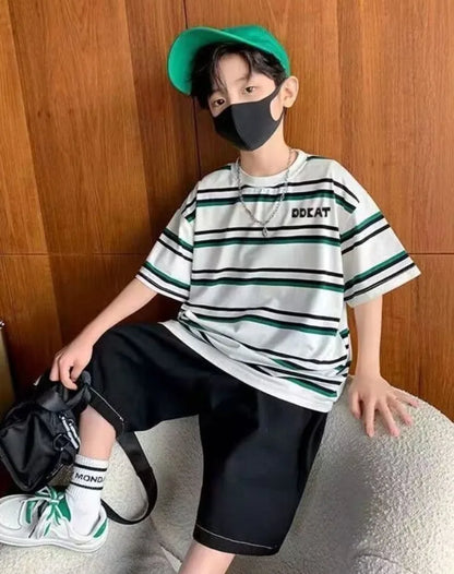 Striped Short-sleeved Shirt Boy Outfit 2025 Children's Clothing Toddler Cartoon Fashion Boys Set Kids Sweatshirt Summer Suit Top