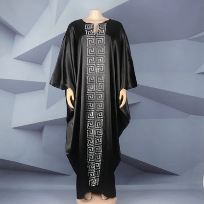 Fashion African Woman Large Size Bat Sleeve Dress Muslim Islamic Style Robe Imitation Silk Hot Fix Rhinestone