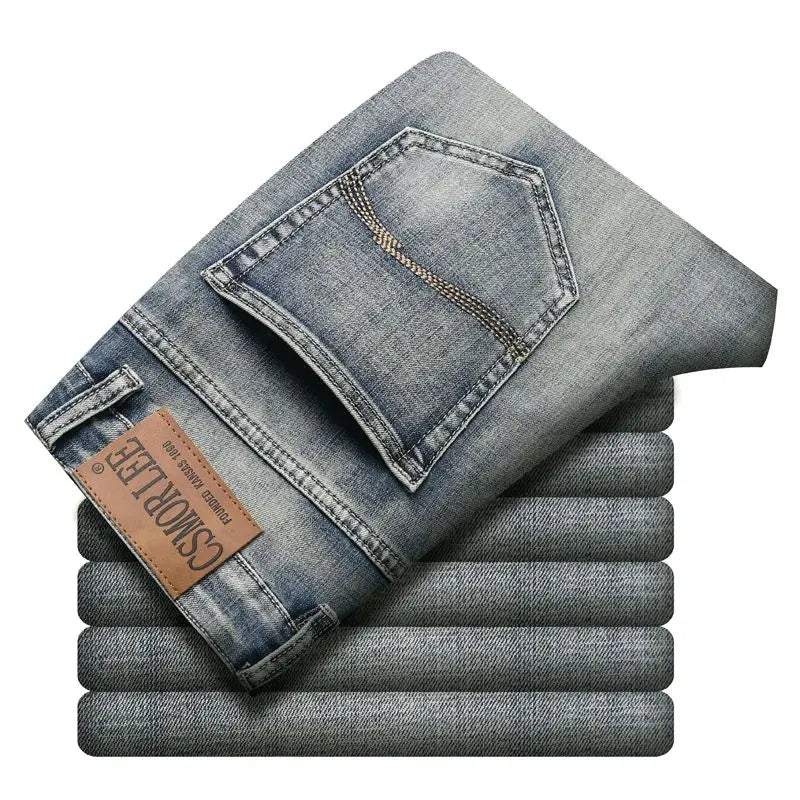 2025 Autumn New Slim Straight Jeans Men's Vintage Grey Elastic Cotton Fashion Casual Wash Denim Pants Korean Male Trousers