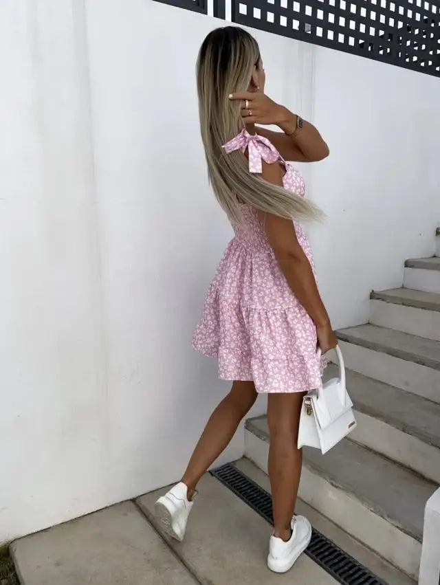 Summer Fashion Flower Print Waist Pleated Dress For Women Y2k Casual Vacation Beach Sundress Spaghetti Strap Mini Dress Female
