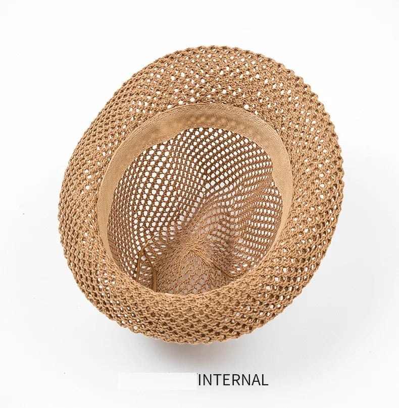 Mesh Hollow-Out Jazz Hat Summer Breathable Sun Protection Hat Straw Hat British Retro Casual Cool Hat