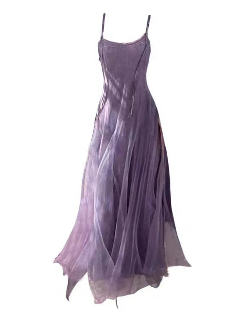 Slimming Effect Purple Mesh Ankle-Length Dress Women's plus Size Strapless Gown Korean Style High Waist A-Line Skirt