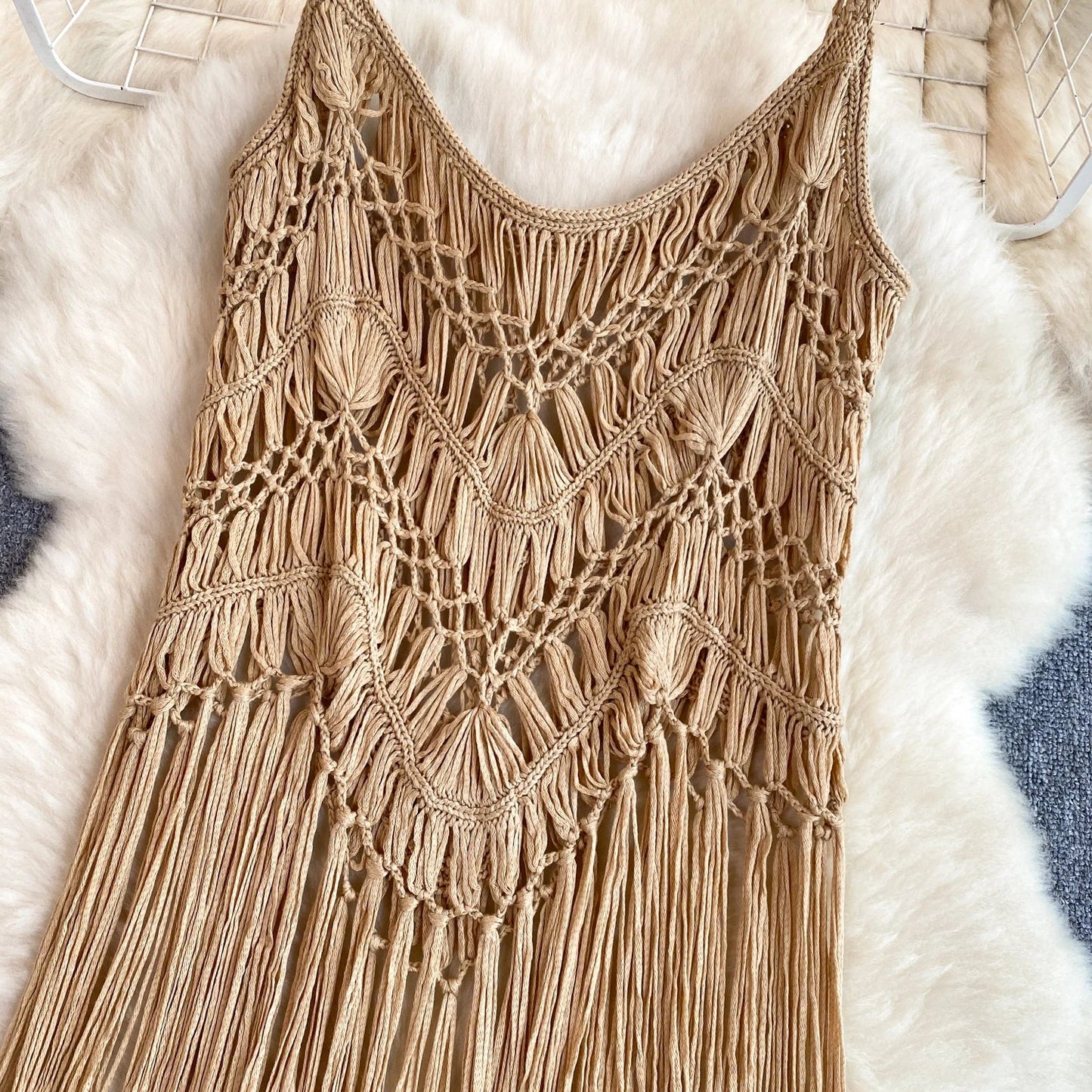 Retro Knitted Camis Bohemian Vacation Beach style Summer Tank 2024 New Women Strap Sleeveless Long Tassel Tops