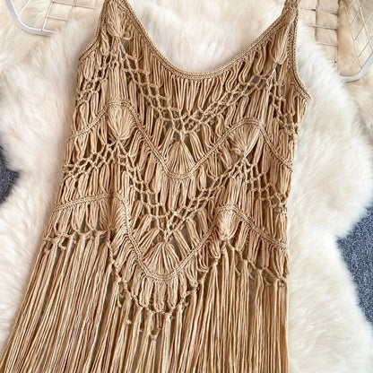 Retro Knitted Camis Bohemian Vacation Beach style Summer Tank 2024 New Women Strap Sleeveless Long Tassel Tops