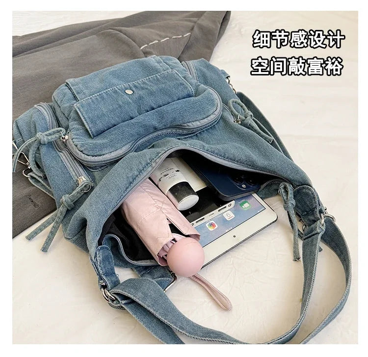 Solid Color Denim Trendy Shoulder Bag for 2025 High Quality Fashion Zipper Large Capacity Versatile Women's Crossbody Bag