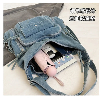 Solid Color Denim Trendy Shoulder Bag for 2025 High Quality Fashion Zipper Large Capacity Versatile Women's Crossbody Bag