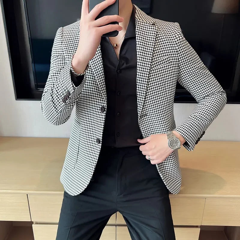 2025 Spring Men's Plaid Suit Jacket Korean Luxury Business Slim Fit Social Suit Jacket Formal Social Party Wedding Prom Tuxedo