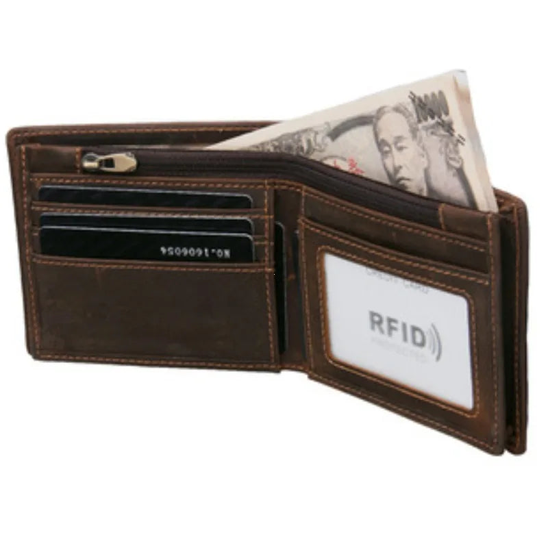 Portefeuille homme en cuir véritable de vachette vintage avec blocage RFID, fait à la main, avec porte-monnaie, portefeuille court