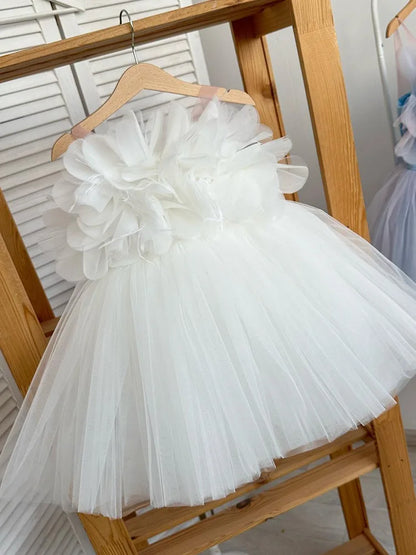 Cute Flower Girl Wedding Dress for Little Girls, Strapless Princess Gown & Host Performance Outfit, Simple Fluffy Tulle Dress