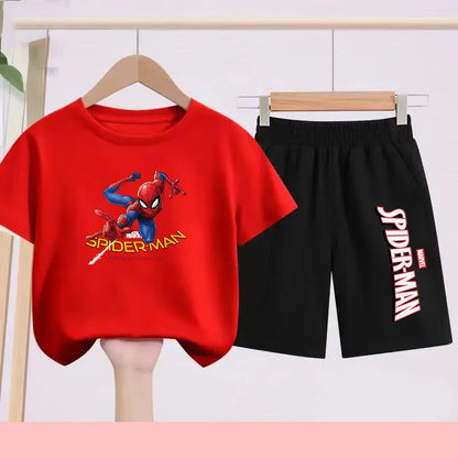 2026 Children's Sports Outfit with Spider Pattern Cartoon Print - T-shirt + Shorts Set, Suitable for Children Aged 3 To 13.