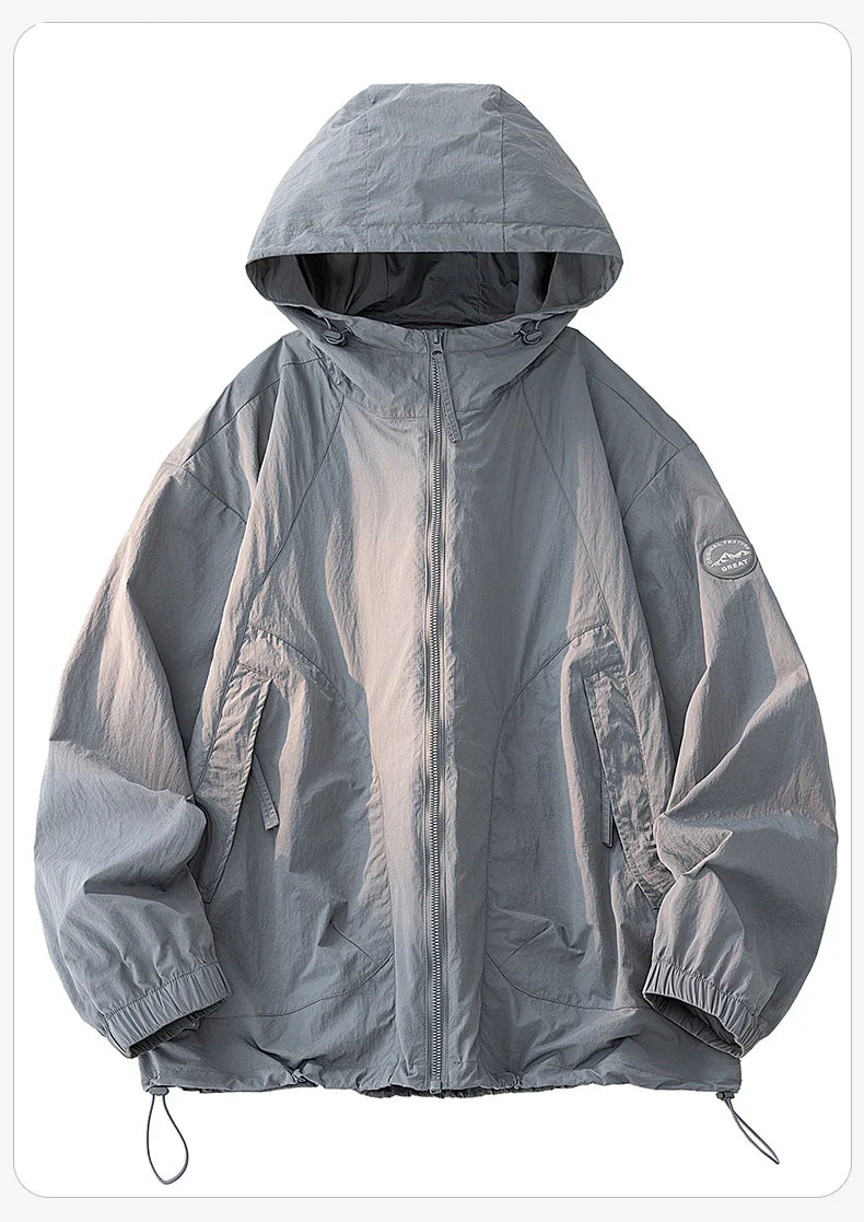 UPF50+ Men's Hooded Sunscreen Jacket Summer Ultra Thin Zipper Pocket Windbreaker Elastic Cuffs Outdoor Hiking Fishing Skin Coats