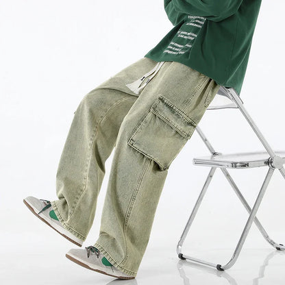2024 New Men Baggy Cargo Jeans Fashion Streetwear Vintage Wide Leg Pants American Streetwear Y2K Big Pocket Youth Overalls